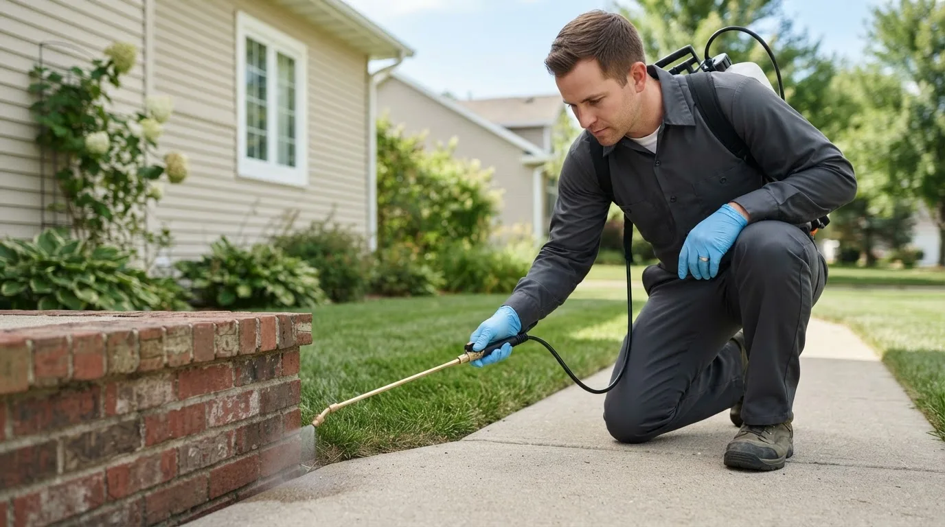Pest control technician treating a home near Balsam Lake, WI